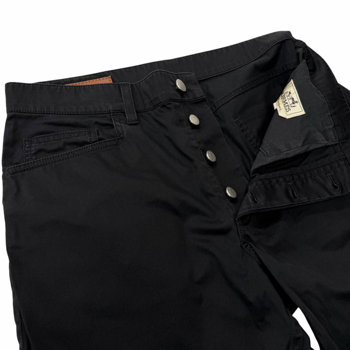 Discounted Very Good HERMES Pants Serie button logo leather patch black cotton mens 40