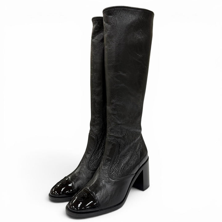 Pristine CHANEL Knee-high boots COCO Mark leather black Women 38 24K G46035