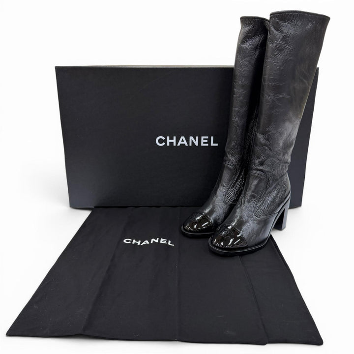 Pristine CHANEL Knee-high boots COCO Mark leather black Women 38 24K G46035