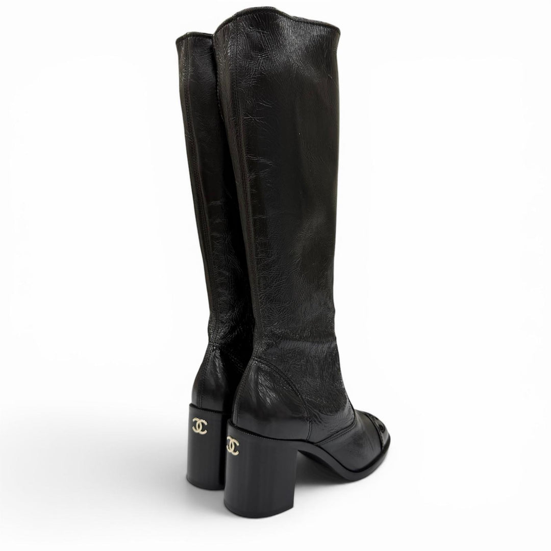 Pristine CHANEL Knee-high boots COCO Mark leather black Women 38 24K G46035