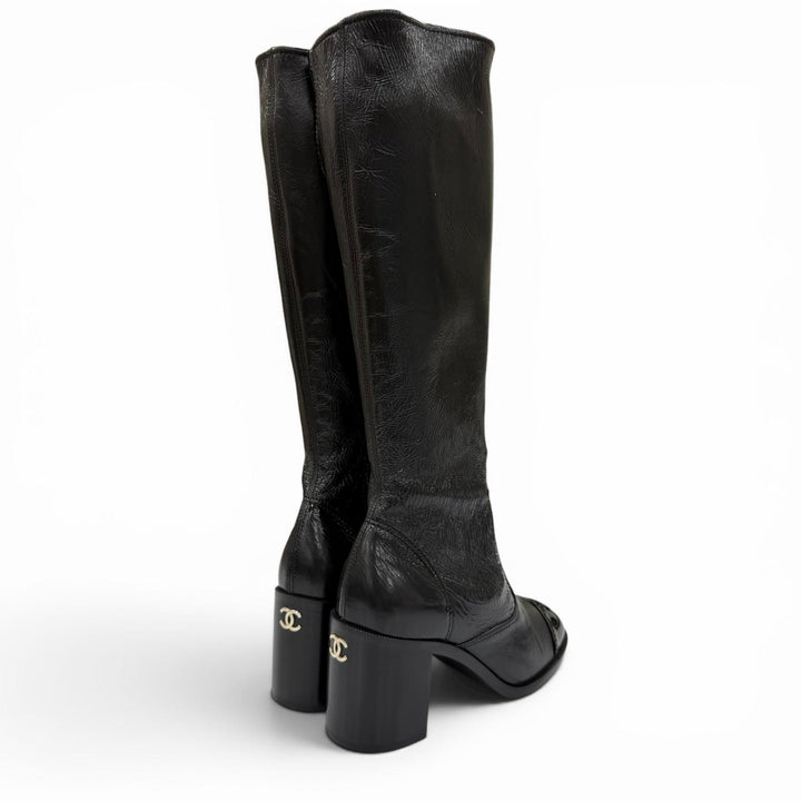 Pristine CHANEL Knee-high boots COCO Mark leather black Women 38 24K G46035