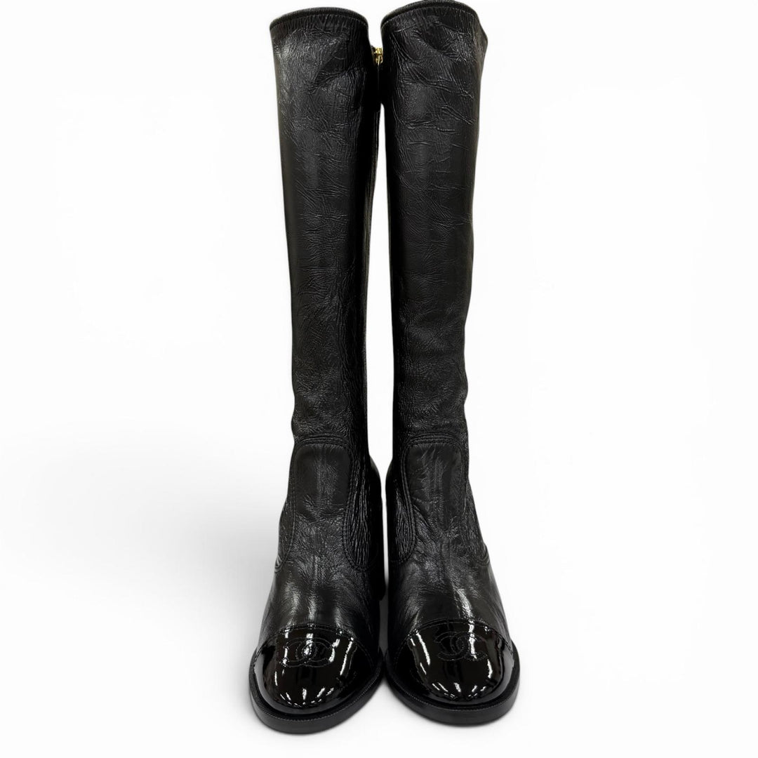 Pristine CHANEL Knee-high boots COCO Mark leather black Women 38 24K G46035