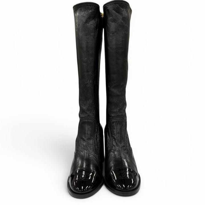 Pristine CHANEL Knee-high boots COCO Mark leather black Women 38 24K G46035