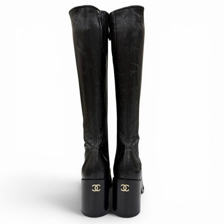 Pristine CHANEL Knee-high boots COCO Mark leather black Women 38 24K G46035