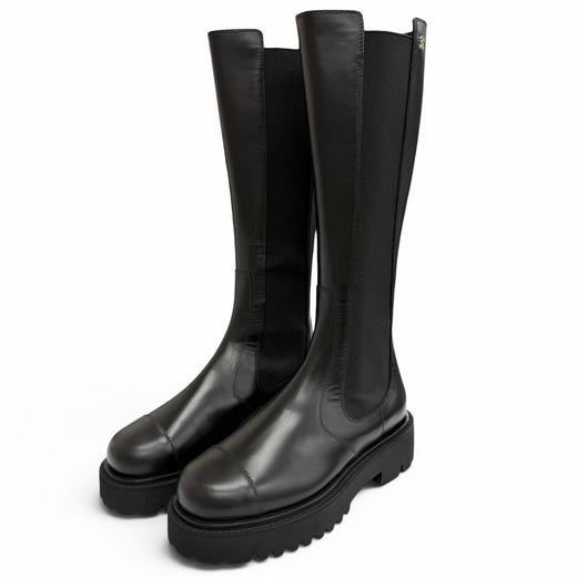 Excellent CHANEL Knee-high boots COCO Mark Side Gore Leather Long Boots black 38