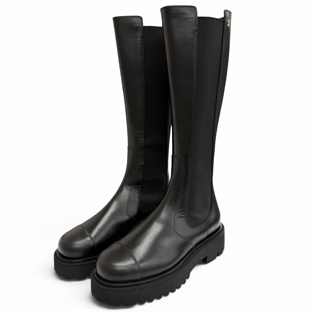 Excellent CHANEL Knee-high boots COCO Mark Side Gore Leather Long Boots black 38