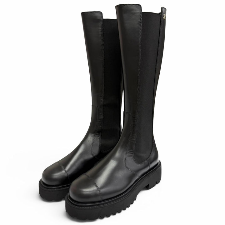 Excellent CHANEL Knee-high boots COCO Mark Side Gore Leather Long Boots black 38