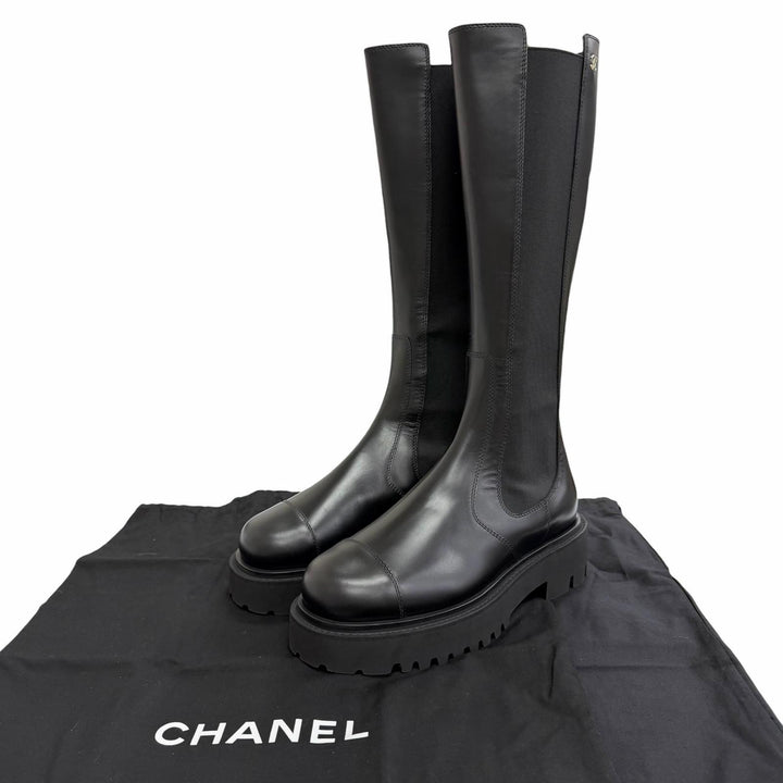 Excellent CHANEL Knee-high boots COCO Mark Side Gore Leather Long Boots black 38