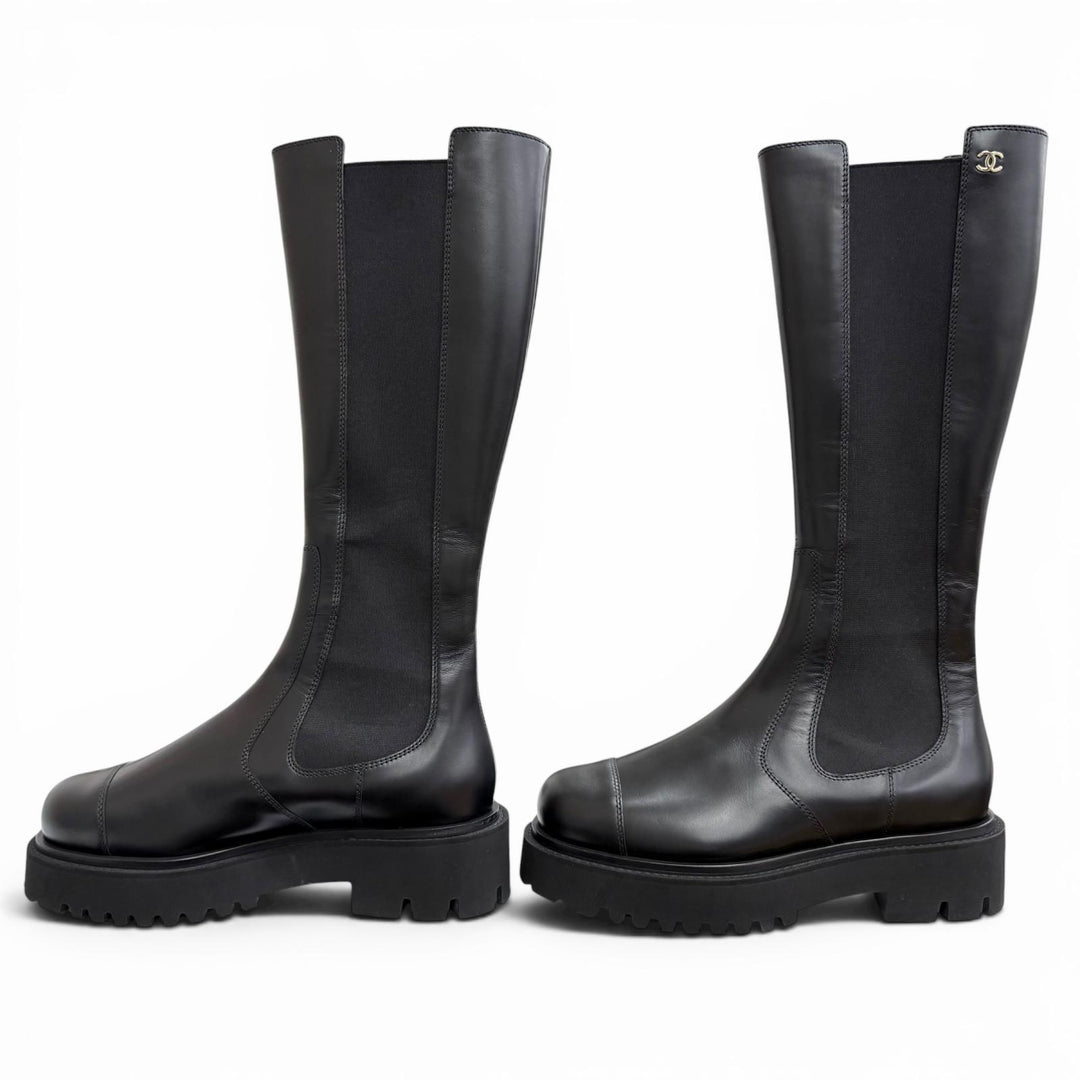 Excellent CHANEL Knee-high boots COCO Mark Side Gore Leather Long Boots black 38