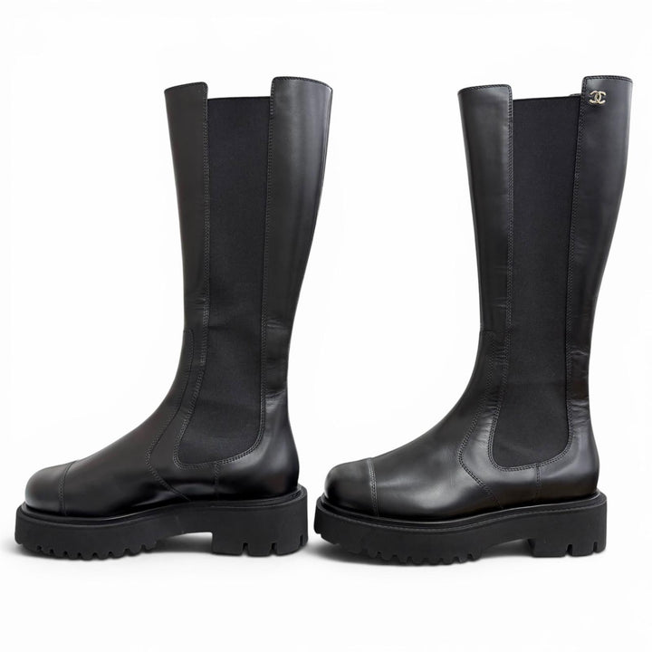 Excellent CHANEL Knee-high boots COCO Mark Side Gore Leather Long Boots black 38