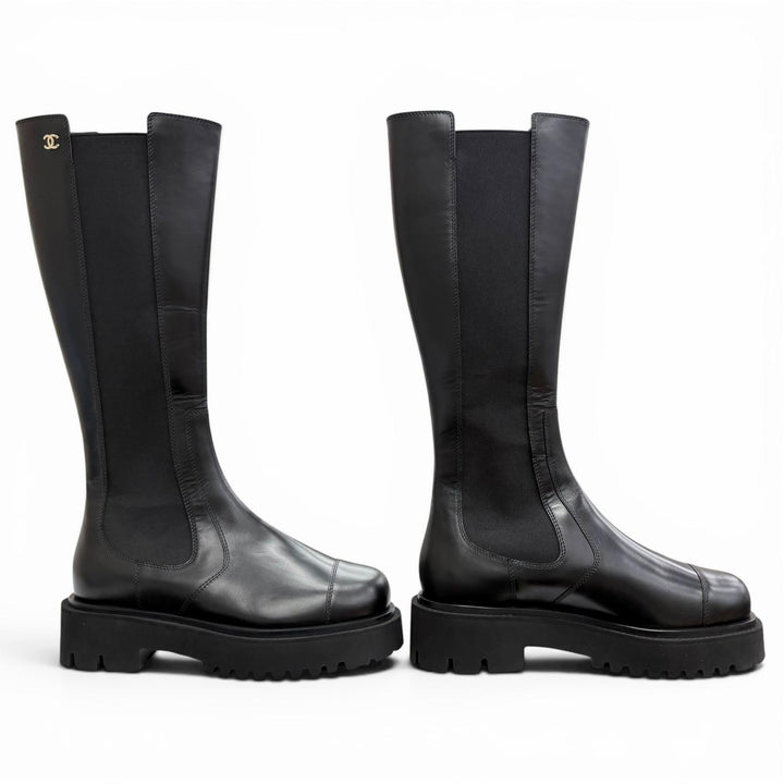 Excellent CHANEL Knee-high boots COCO Mark Side Gore Leather Long Boots black 38