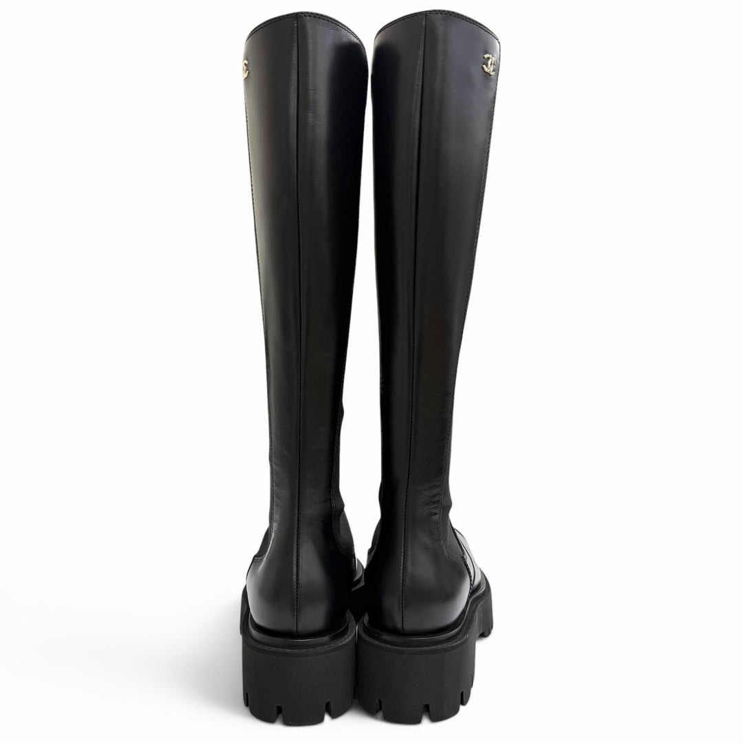 Excellent CHANEL Knee-high boots COCO Mark Side Gore Leather Long Boots black 38