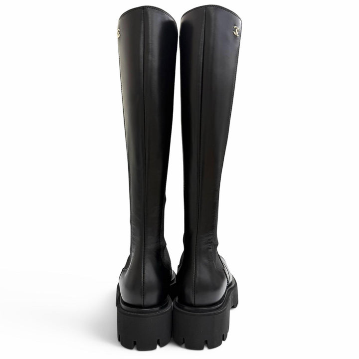 Excellent CHANEL Knee-high boots COCO Mark Side Gore Leather Long Boots black 38