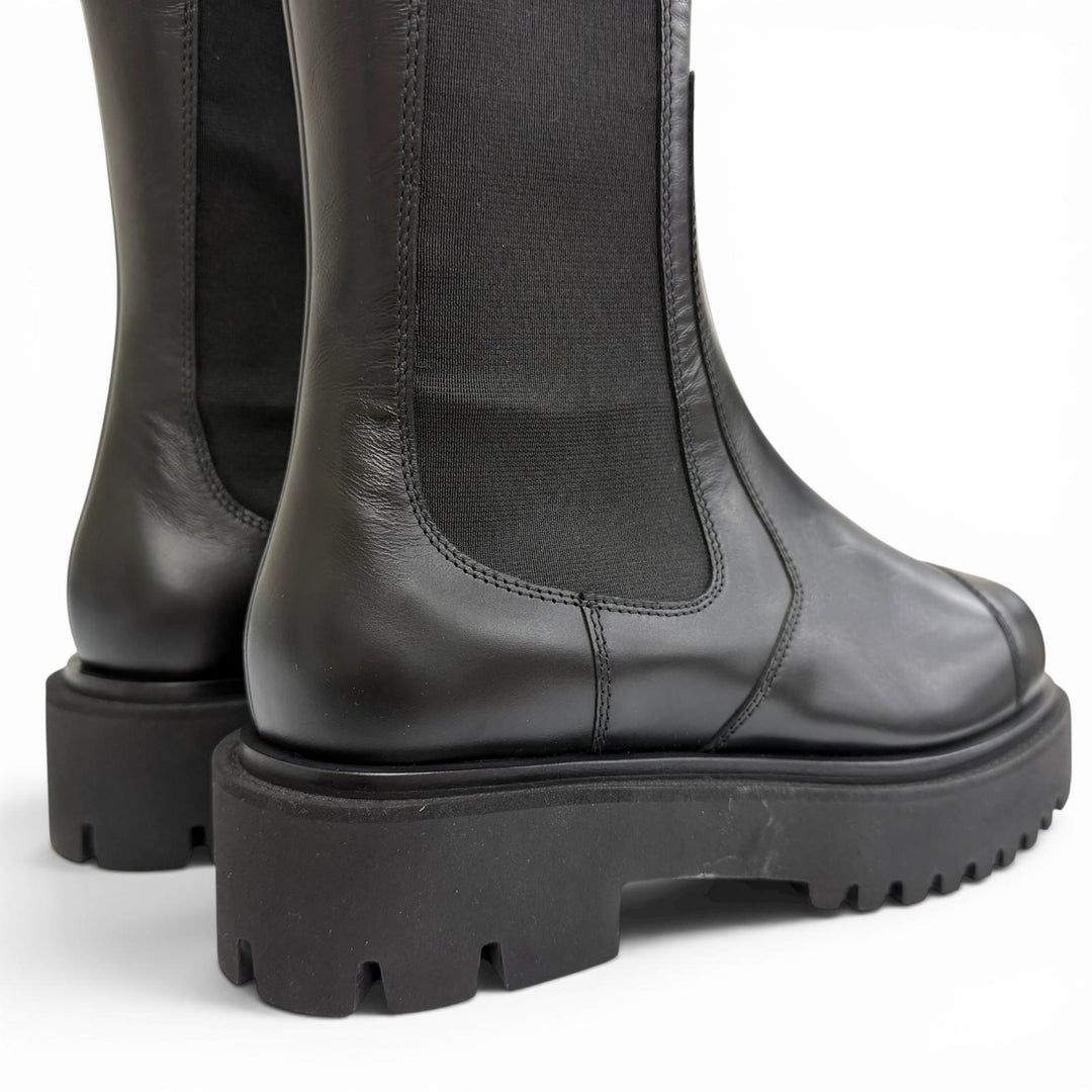 Excellent CHANEL Knee-high boots COCO Mark Side Gore Leather Long Boots black 38