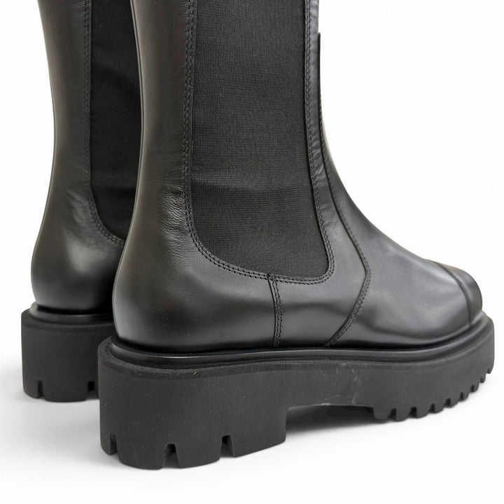 Excellent CHANEL Knee-high boots COCO Mark Side Gore Leather Long Boots black 38