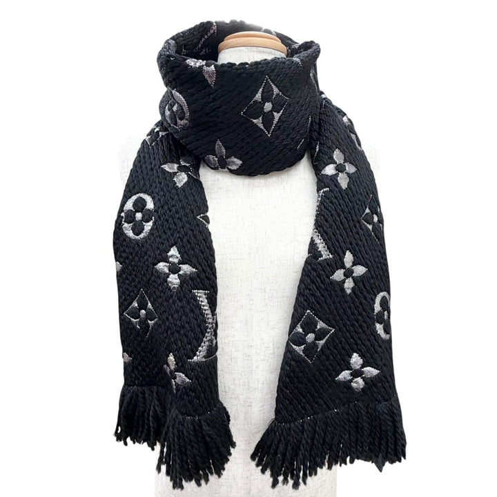 Great LOUIS VUITTON Scarf Escharp Logomania Shine Monogram fringe black M75833