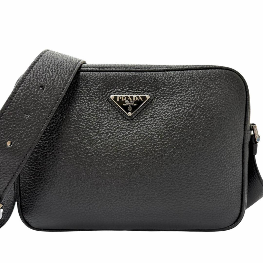 Excellent PRADA Shoulder Bag Triangle logo black leather mens 2VH189
