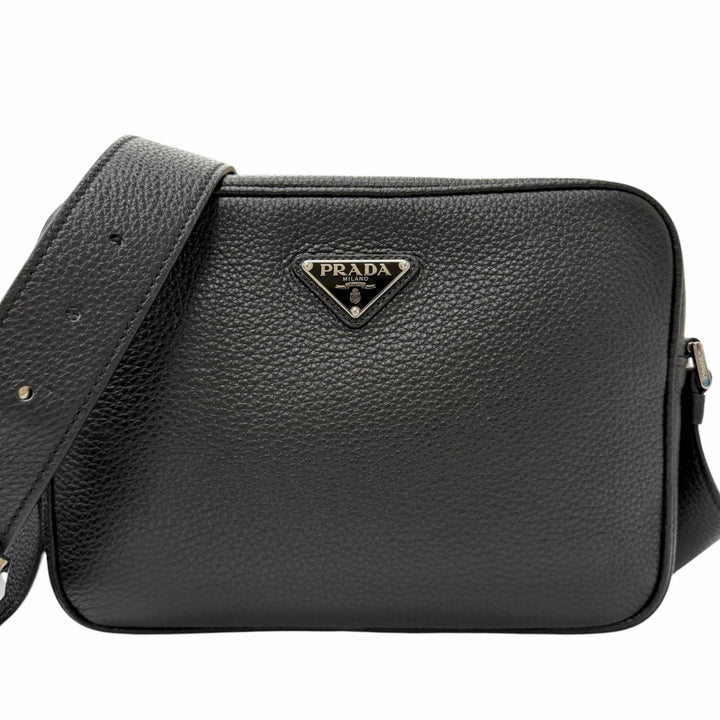 Excellent PRADA Shoulder Bag Triangle logo black leather mens 2VH189