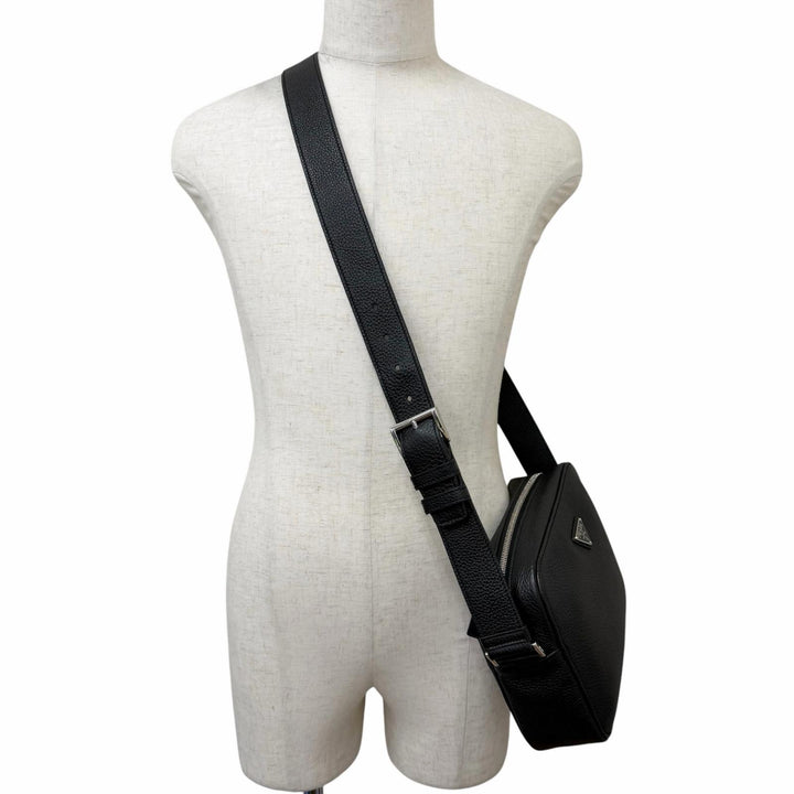 Excellent PRADA Shoulder Bag Triangle logo black leather mens 2VH189