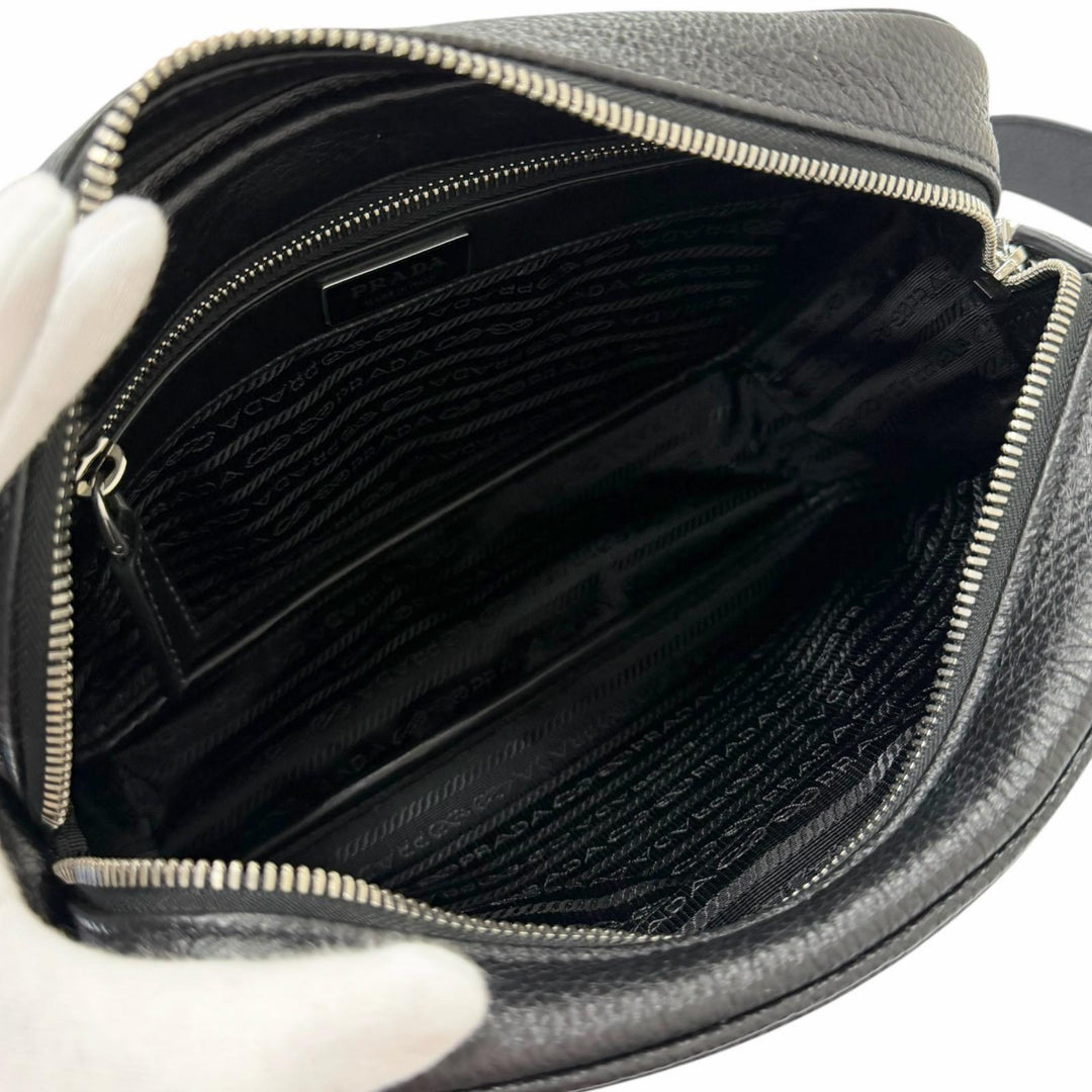 Excellent PRADA Shoulder Bag Triangle logo black leather mens 2VH189