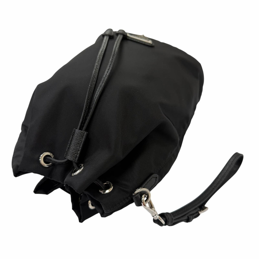 Great PRADA Handbag Triangle Logo Re-Nylon Pouch Drawstring Bag black