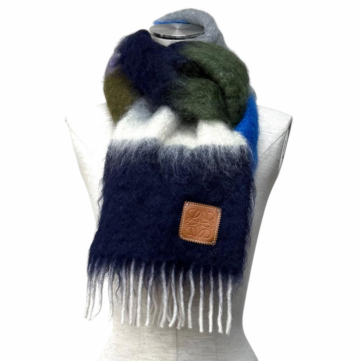 Excellent LOEWE Scarf Anagram Logo Patch Border Pattern Fringe mohair 28003861