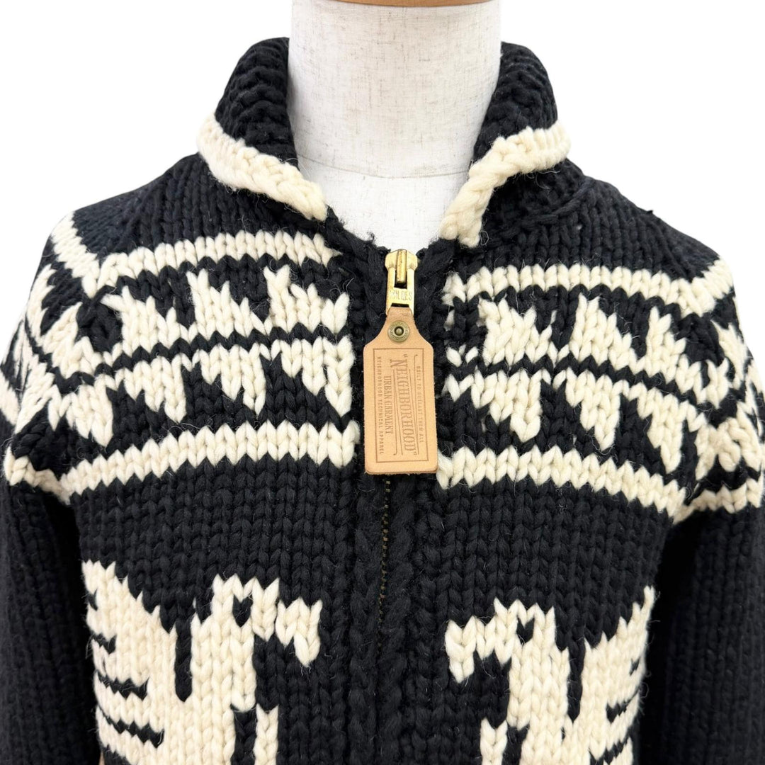Very Good NEIGHBORHOOD knit Nordic Pattern Zip-Up Cowichan black wool mens S