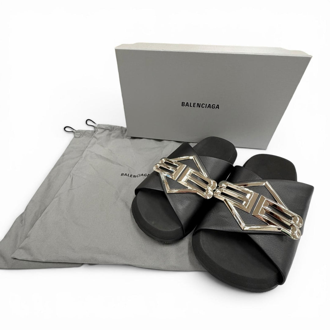 Pristine BALENCIAGA Sandals SUNSET FLAT BB black leather mens 42 828478