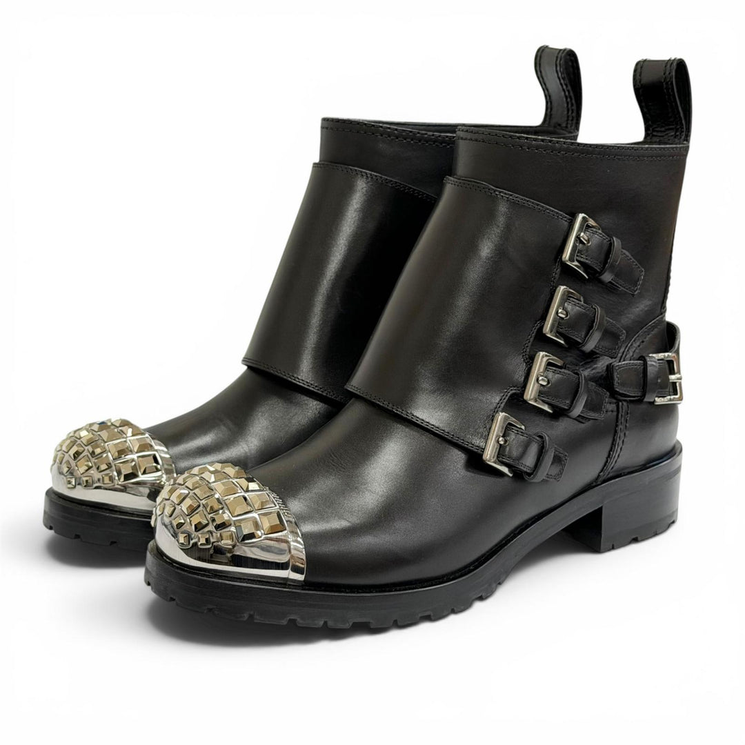 Great MIUMIU Ankle boots Square stud logo cap-toe leather biker boots black 36.5