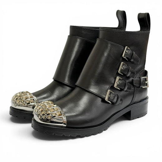 Great MIUMIU Ankle boots Square stud logo cap-toe leather biker boots black 36.5