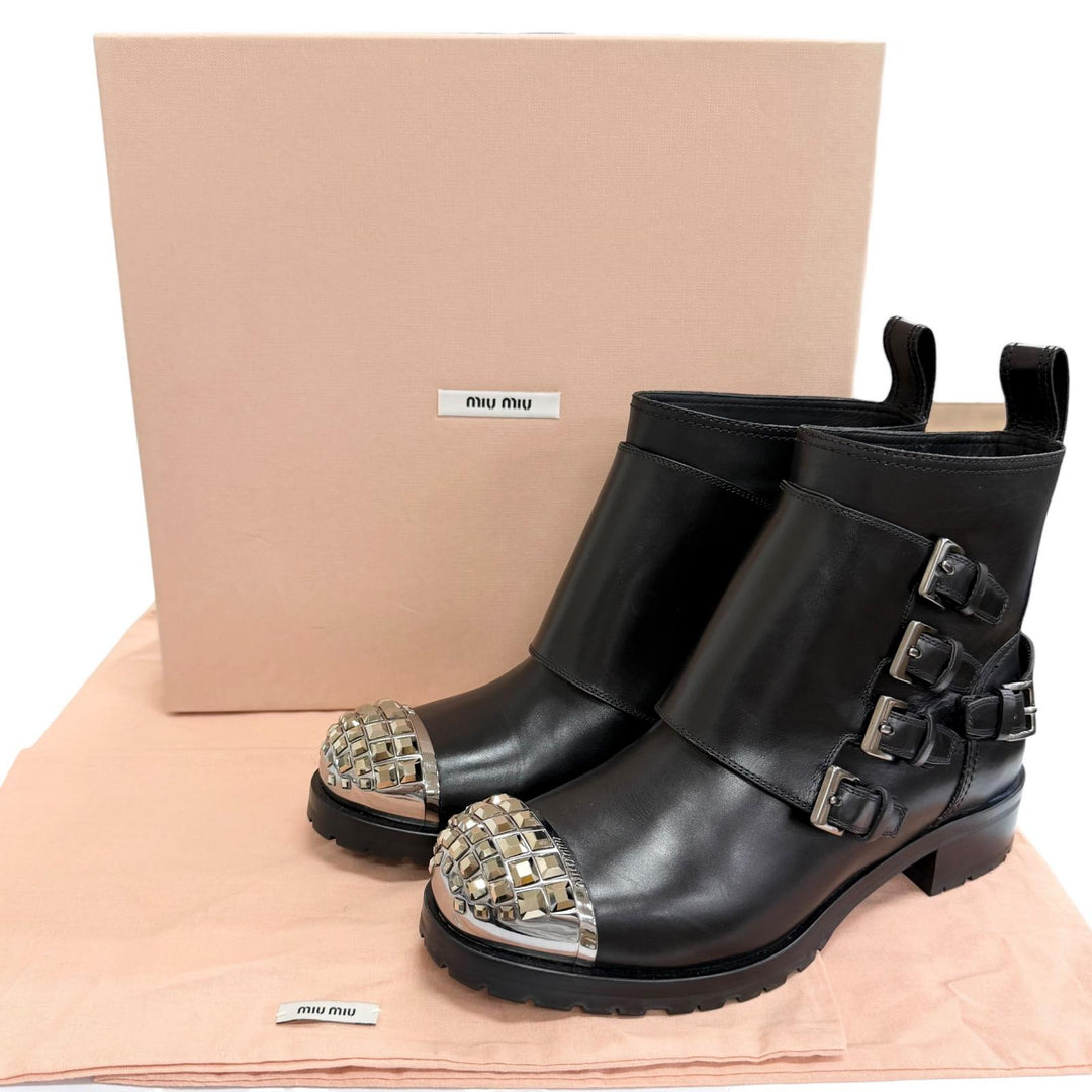 Great MIUMIU Ankle boots Square stud logo cap-toe leather biker boots black 36.5