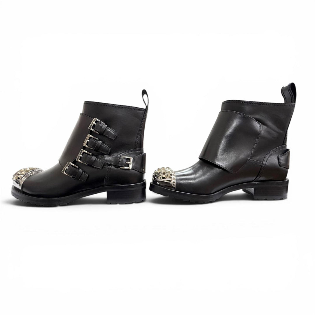 Great MIUMIU Ankle boots Square stud logo cap-toe leather biker boots black 36.5