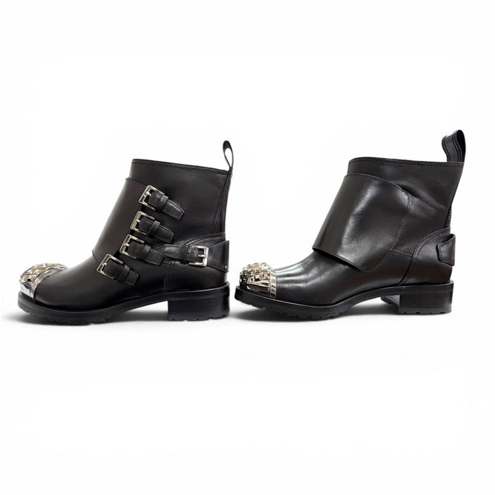 Great MIUMIU Ankle boots Square stud logo cap-toe leather biker boots black 36.5