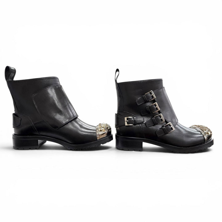Great MIUMIU Ankle boots Square stud logo cap-toe leather biker boots black 36.5