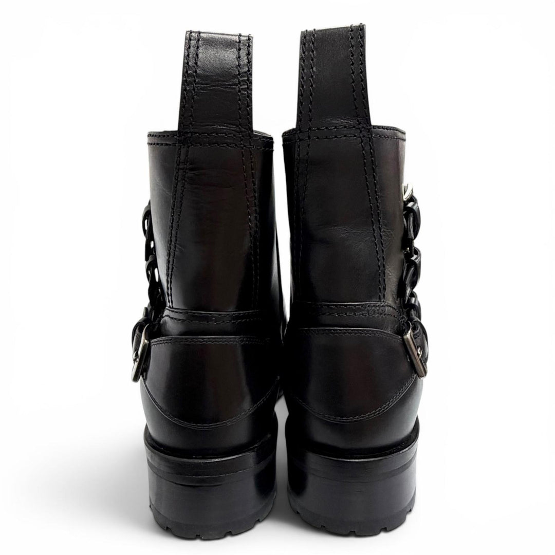 Great MIUMIU Ankle boots Square stud logo cap-toe leather biker boots black 36.5