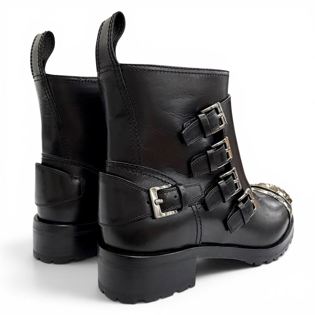 Great MIUMIU Ankle boots Square stud logo cap-toe leather biker boots black 36.5