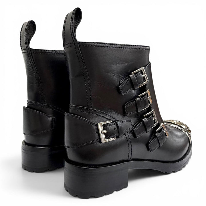Great MIUMIU Ankle boots Square stud logo cap-toe leather biker boots black 36.5
