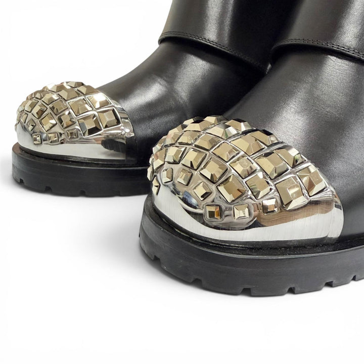 Great MIUMIU Ankle boots Square stud logo cap-toe leather biker boots black 36.5
