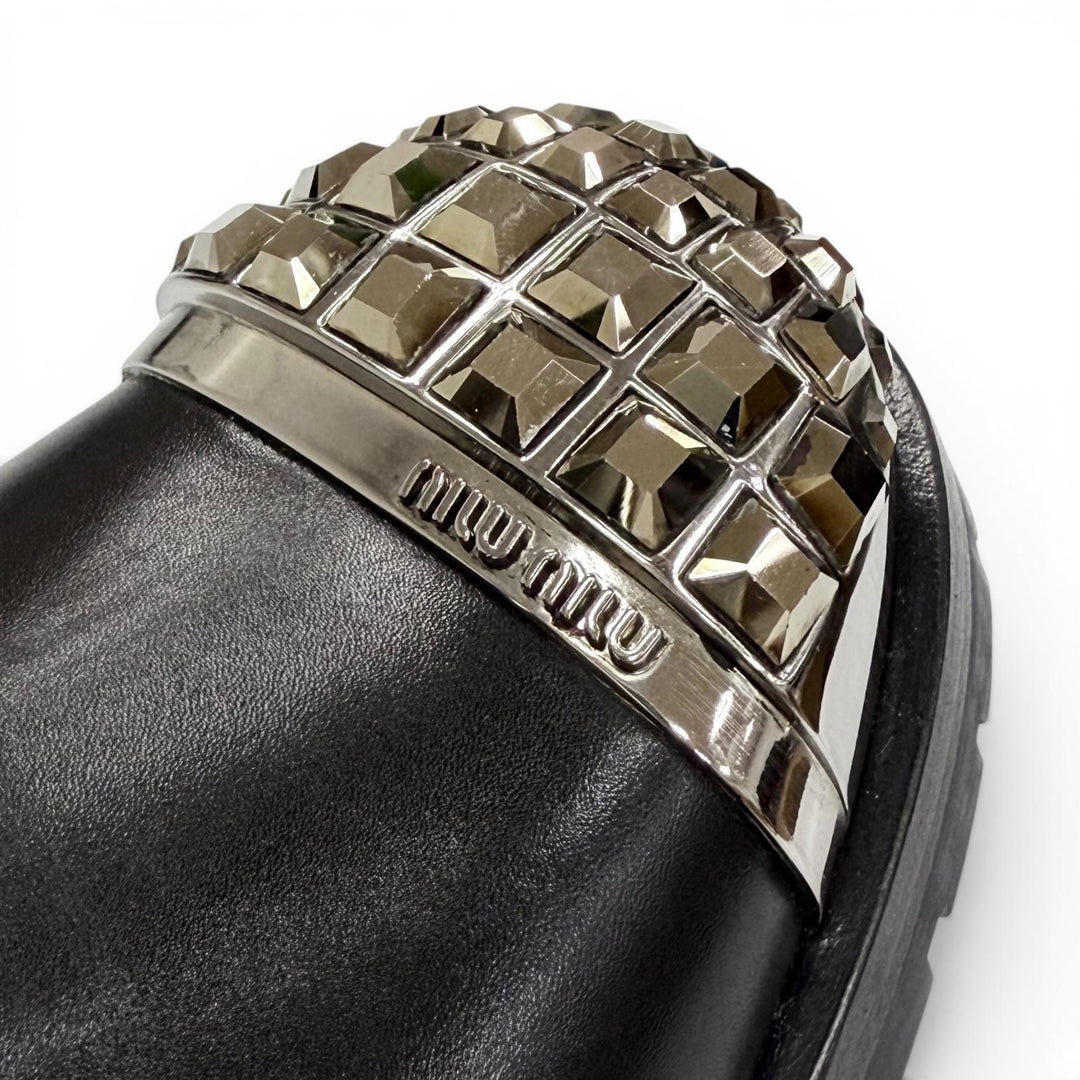 Great MIUMIU Ankle boots Square stud logo cap-toe leather biker boots black 36.5