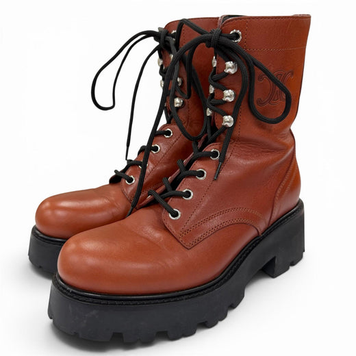 Excellent CELINE boots Triomphe Rangers Mid Leather Lace-Up Brown 36 BE0293