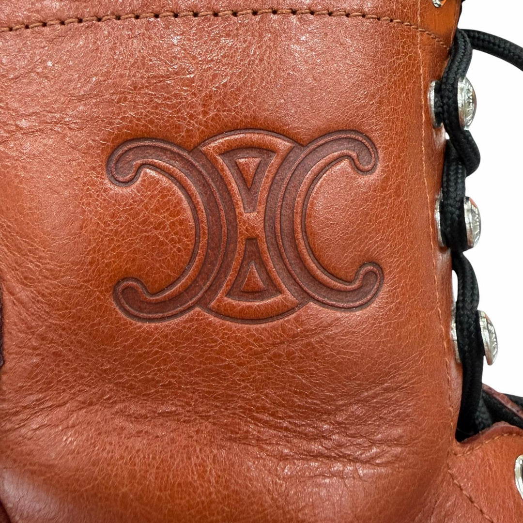 Excellent CELINE boots Triomphe Rangers Mid Leather Lace-Up Brown 36 BE0293