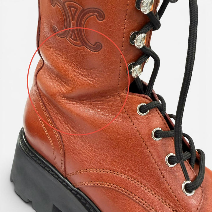 Excellent CELINE boots Triomphe Rangers Mid Leather Lace-Up Brown 36 BE0293