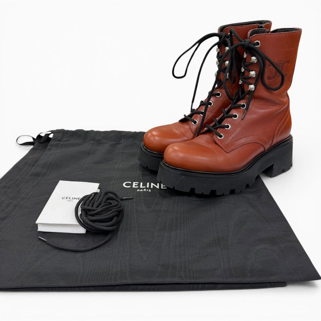 Excellent CELINE boots Triomphe Rangers Mid Leather Lace-Up Brown 36 BE0293