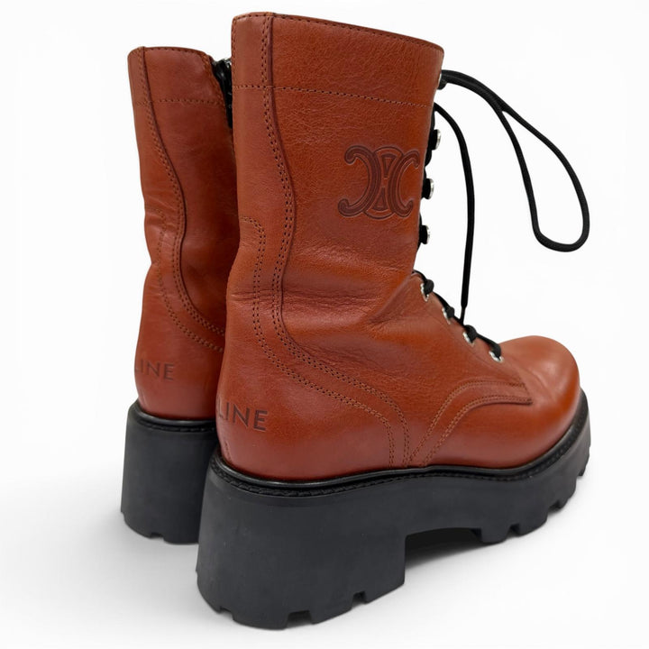 Excellent CELINE boots Triomphe Rangers Mid Leather Lace-Up Brown 36 BE0293
