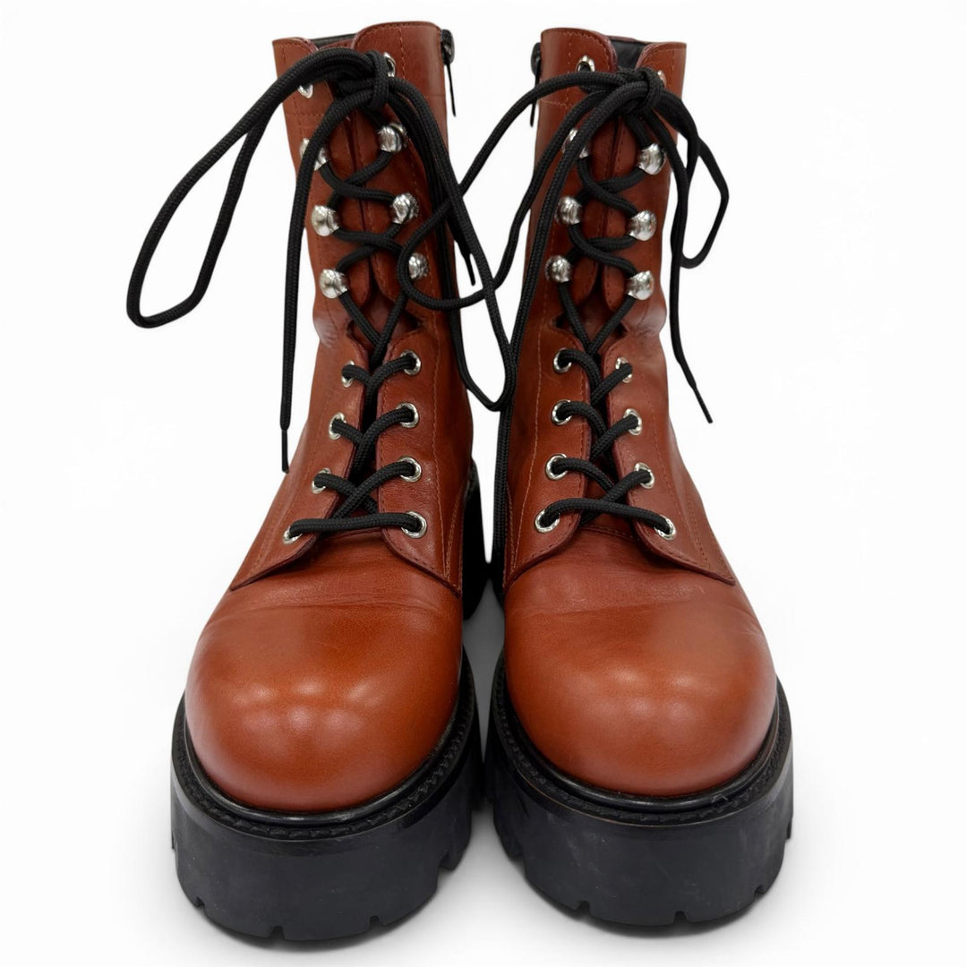 Excellent CELINE boots Triomphe Rangers Mid Leather Lace-Up Brown 36 BE0293