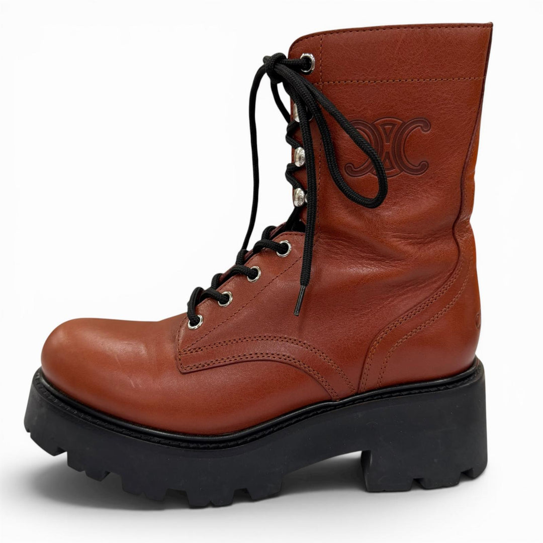 Excellent CELINE boots Triomphe Rangers Mid Leather Lace-Up Brown 36 BE0293
