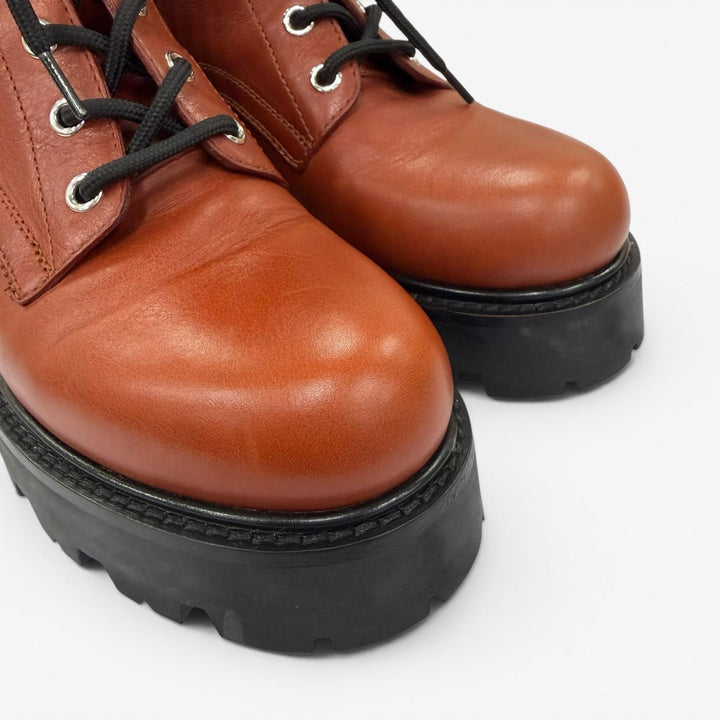 Excellent CELINE boots Triomphe Rangers Mid Leather Lace-Up Brown 36 BE0293