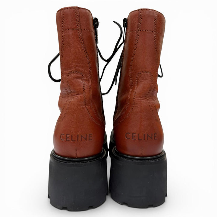 Excellent CELINE boots Triomphe Rangers Mid Leather Lace-Up Brown 36 BE0293