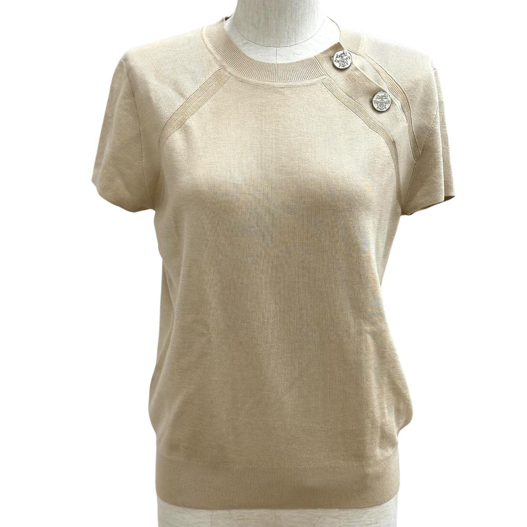 Pristine HERMES Short sleeve knit Bookplate beige cashmere Women 38 4H2689DA