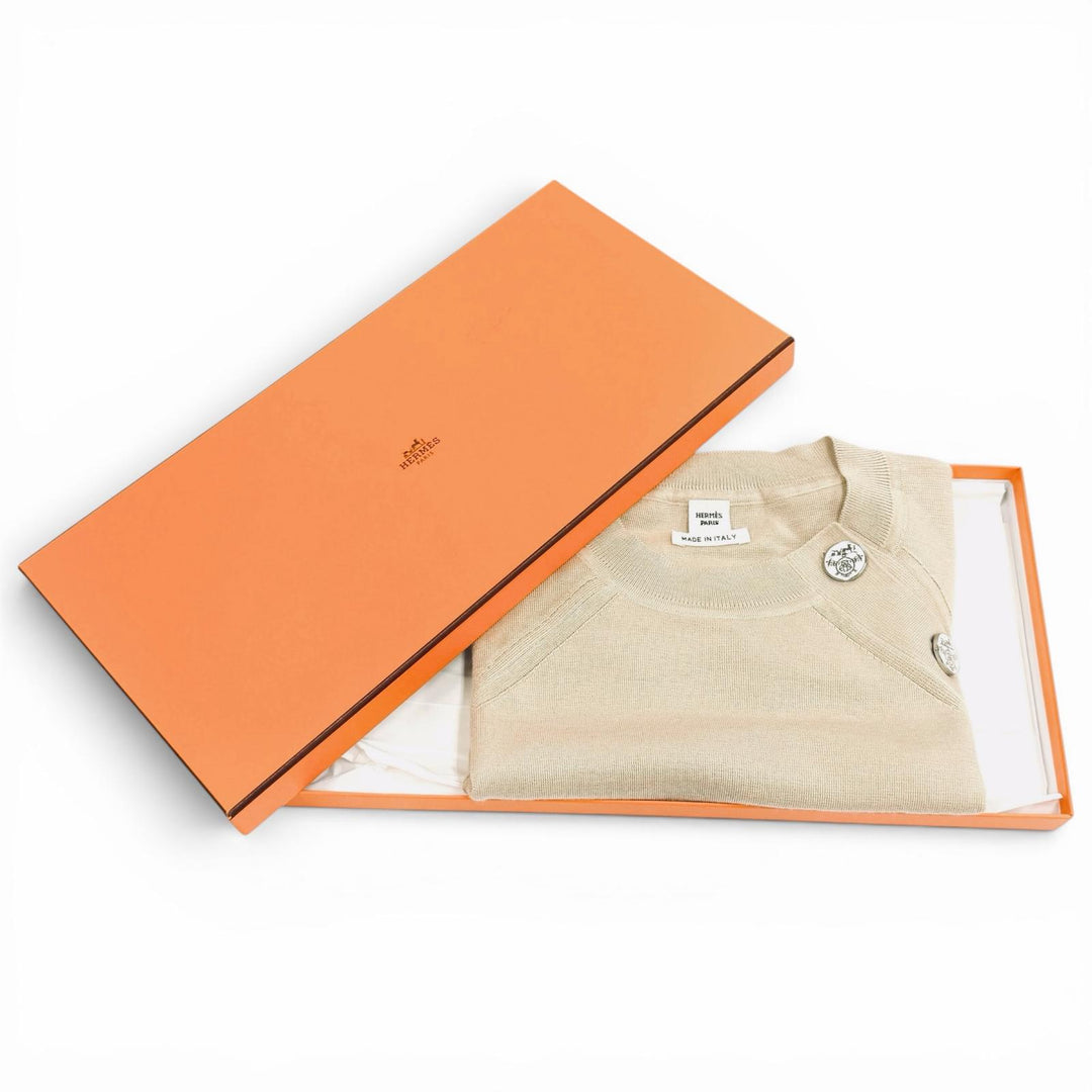 Pristine HERMES Short sleeve knit Bookplate beige cashmere Women 38 4H2689DA